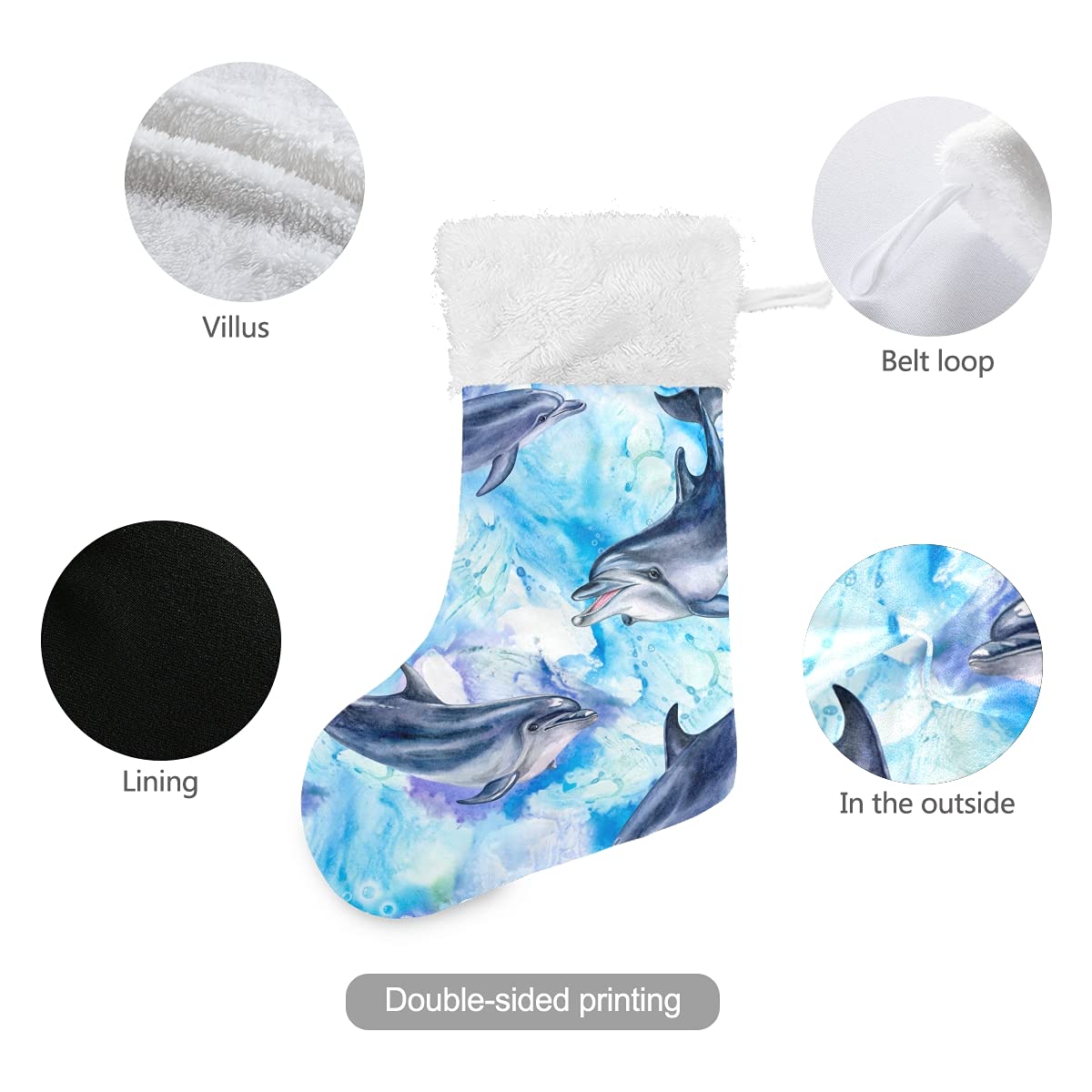 DOMIKING Personalized Large Christmas Stocking - Sea Blue Dolphins Design, Classic Holiday Decor for Family, Party & Festive Season | Perfect for Fireplace Mantel, Gift Exchange & Xmas Decorations