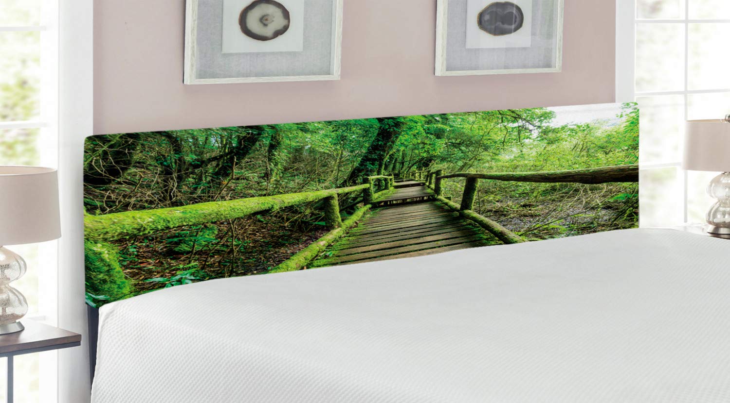 Ambesonne King Size Upholstered Headboard - Rainforest Theme with Memory Foam, Green & Brown Metal Bed Headboard | Romantic Bedroom Decor for Honeymoon & Master Suite | Perfect for Chiang Mai Inspired Tropical Bedroom Design