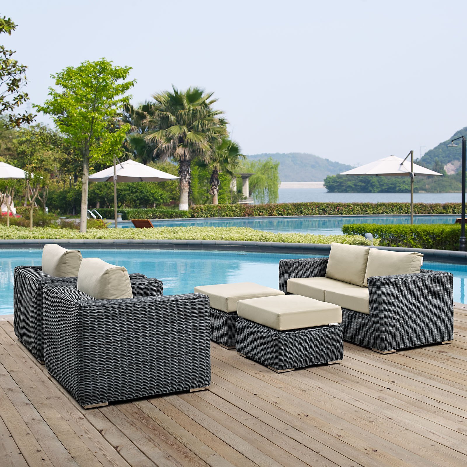 Modway Summon 5-Piece Outdoor Patio Sectional Sofa Set with Sunbrella Cushions in Canvas Antique Beige - Perfect for Backyard, Poolside & Garden Relaxation