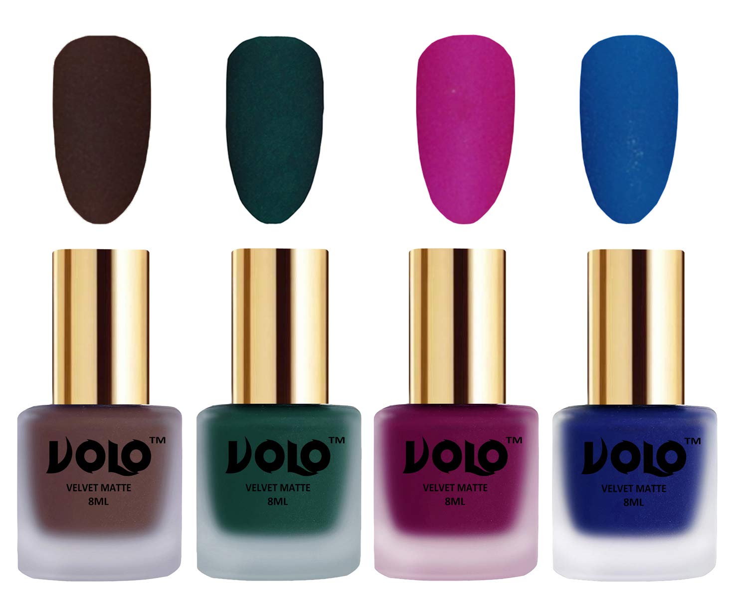 Volo Velvet Matte Nail Polish Set - 4 Pack (Chocolate Brown, Dark Green, Magenta, Blue) 32ml Each | Long Lasting Vegan Nail Polish for Women | Perfect for Parties, Weddings & Special Occasions