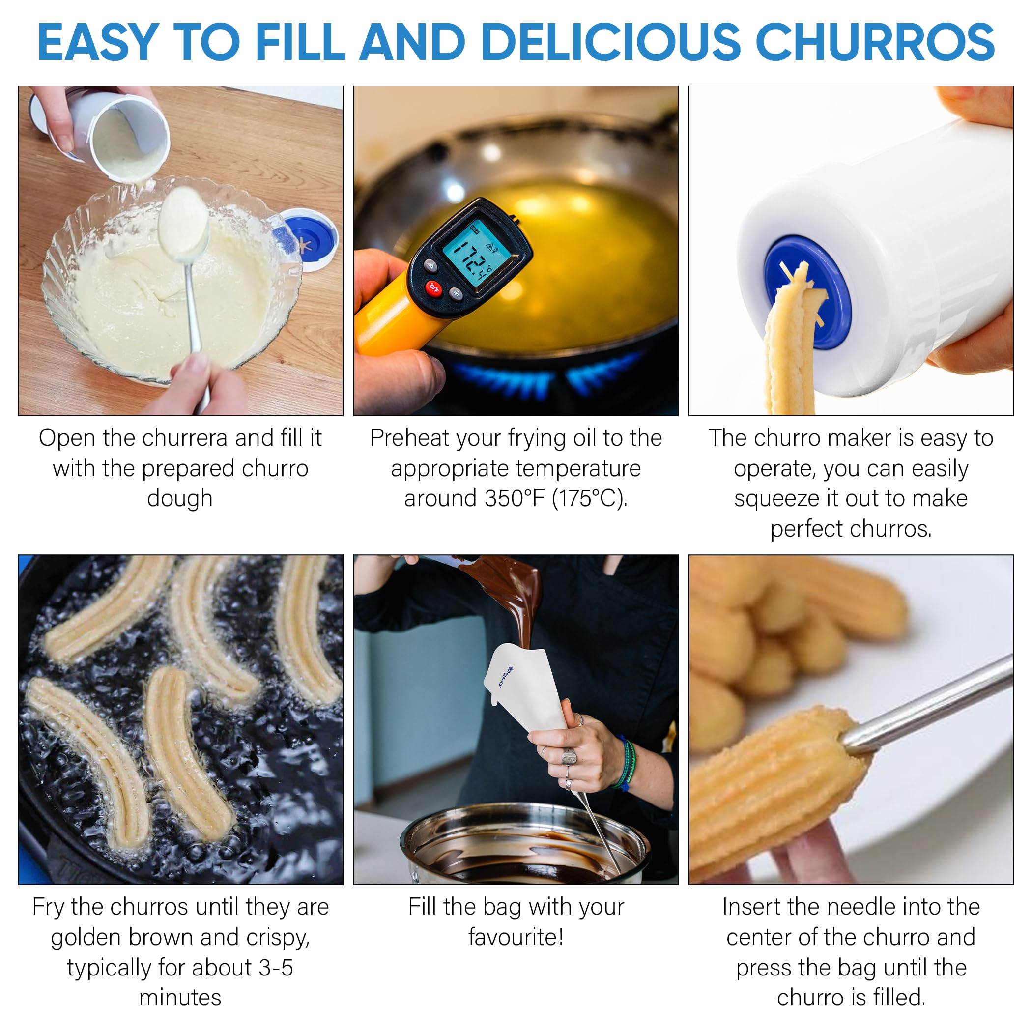 StarBlue Churro Maker and Filler Set with Free Recipe Book - Easy Piping Nozzle Tool for Deep Fried Stuffed Churros - Perfect for Home Baking, Party Snacks, and Spanish Dessert Making