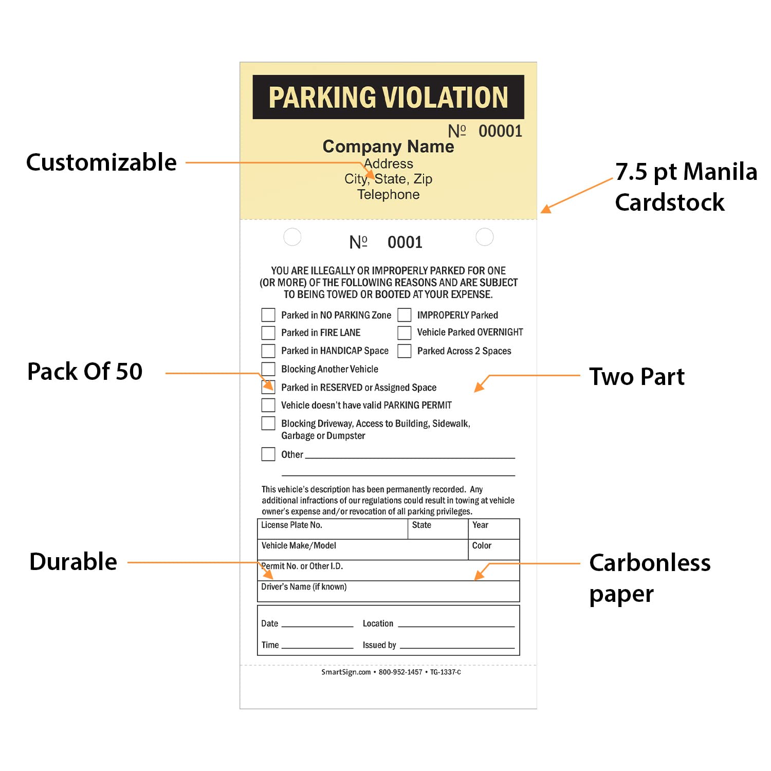 SmartSign Custom Parking Violation Ticket (Pack of 50) - Personalized with Your Company Name & Contact Info - 9.25