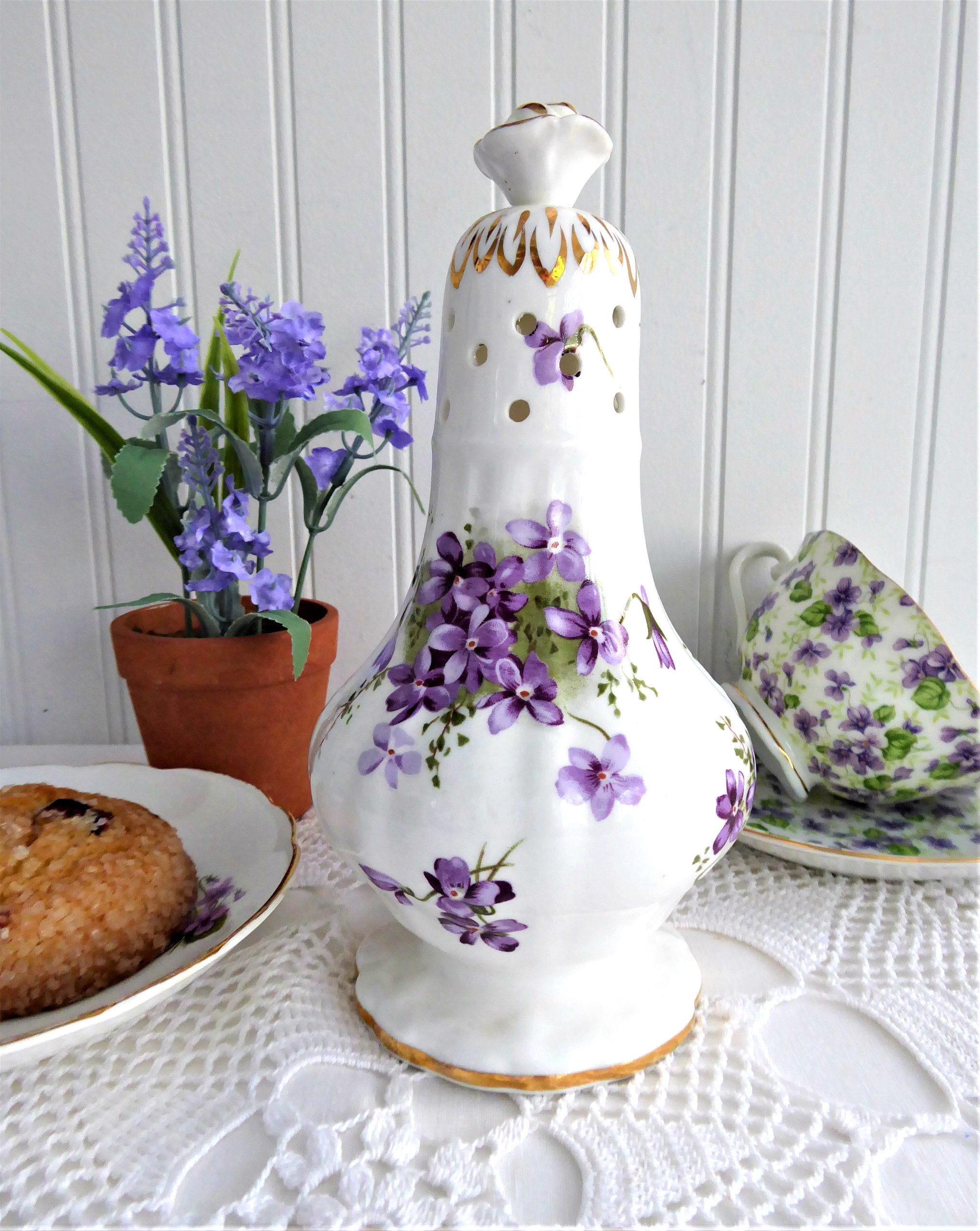 Vintage Hammersley Victorian Violets Sugar Shaker - English Bone China Muffineer & Caster (1930s Antique) - Perfect for Tea Parties, Victorian Decor & Collectors