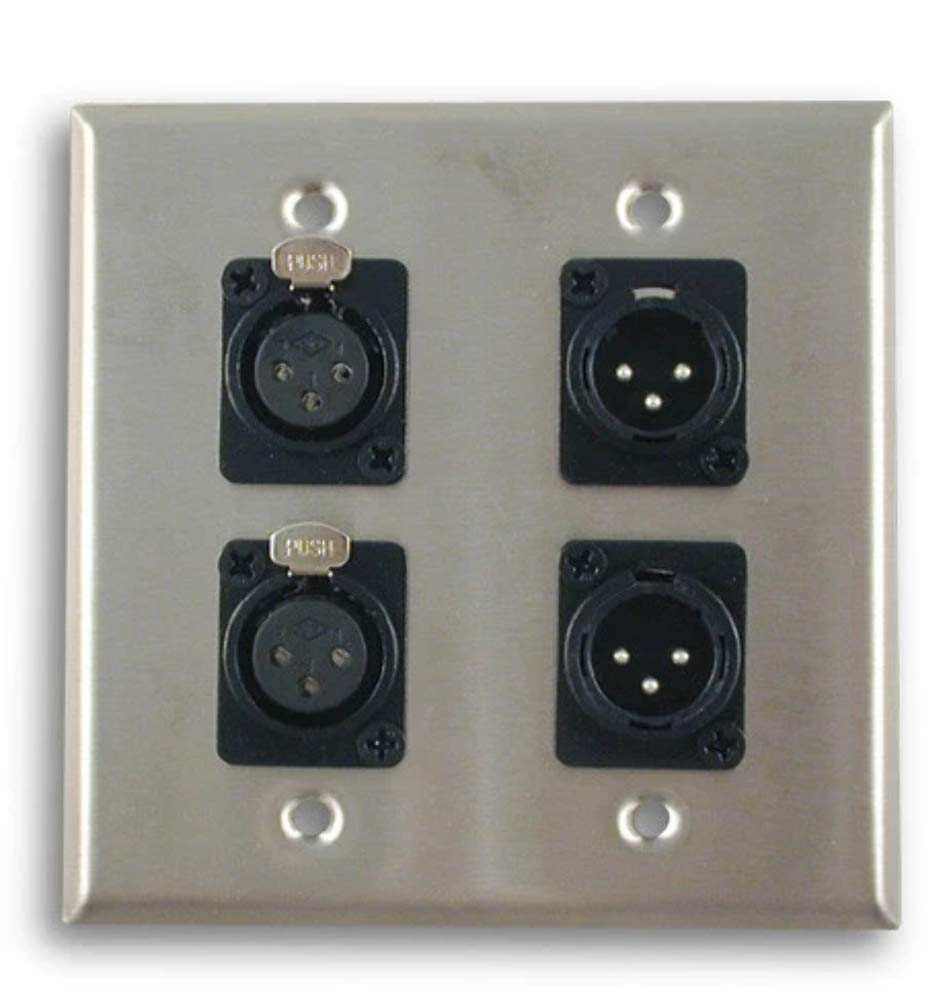 Dual Gang Stainless Steel Wall Plate - 2 XLR Female & 2 XLR Male Connectors for Professional Audio & Studio Equipment