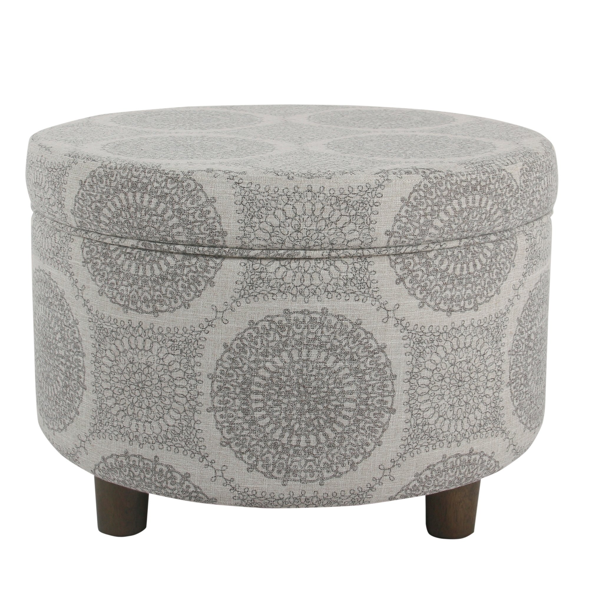 Homepop Round Storage Ottoman with Upholstered Fabric, Grey Medallion Design - 24