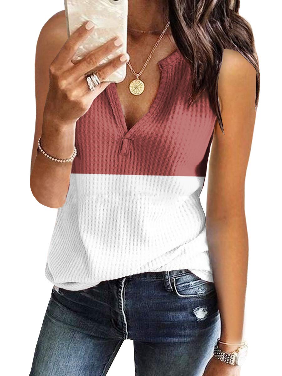 Women's V-Neck Waffle Knit Tank Tops - Summer Casual Sleeveless Loose Fit Tee Shirts for Beach, Yoga & Everyday Wear