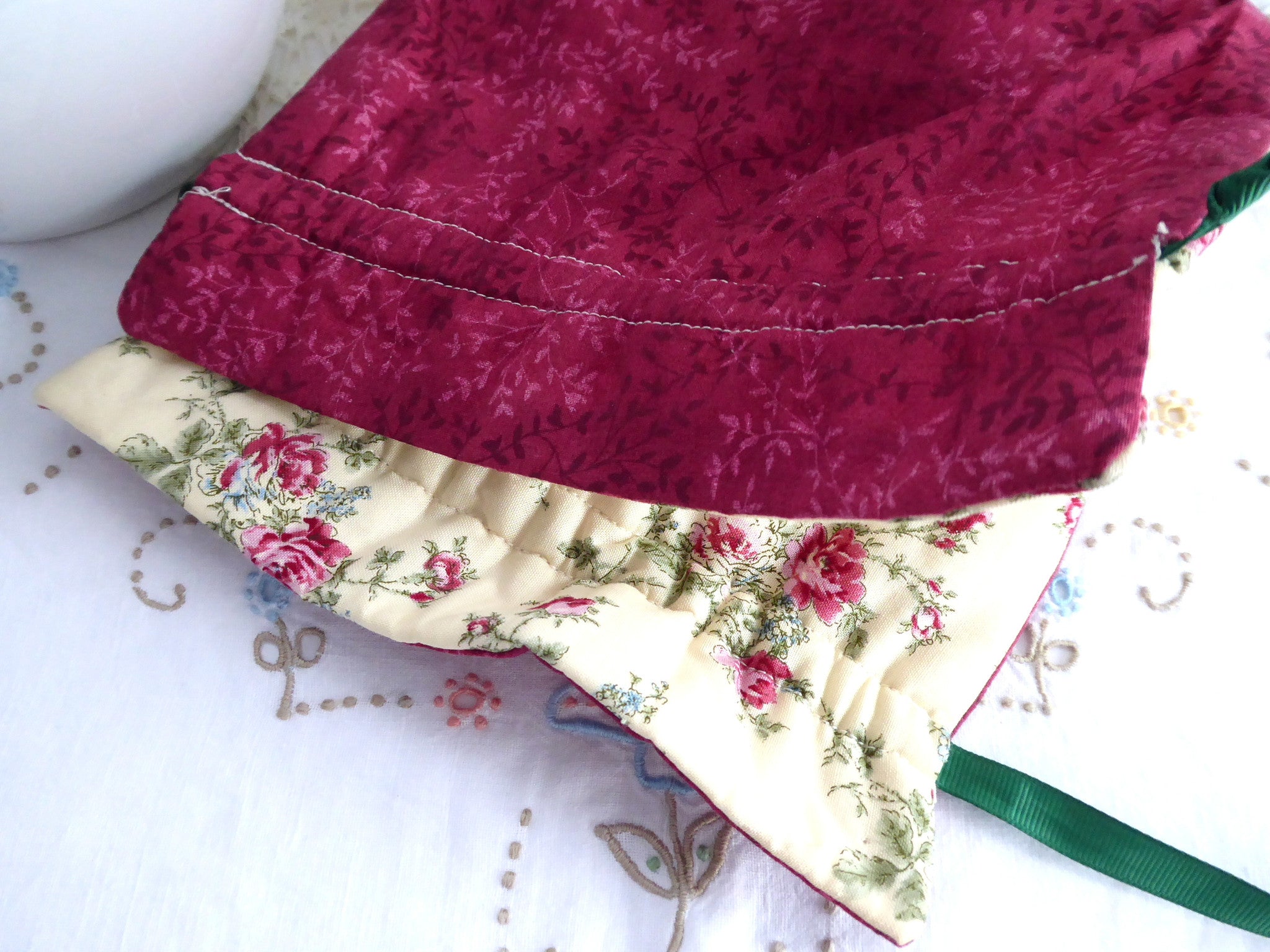 Reversible Tea Cozy with Padded Rosebuds Design - Cream & Burgundy Lining - Perfect for Tea Parties, Afternoon Tea, and Keeping Tea Warm - Made in USA