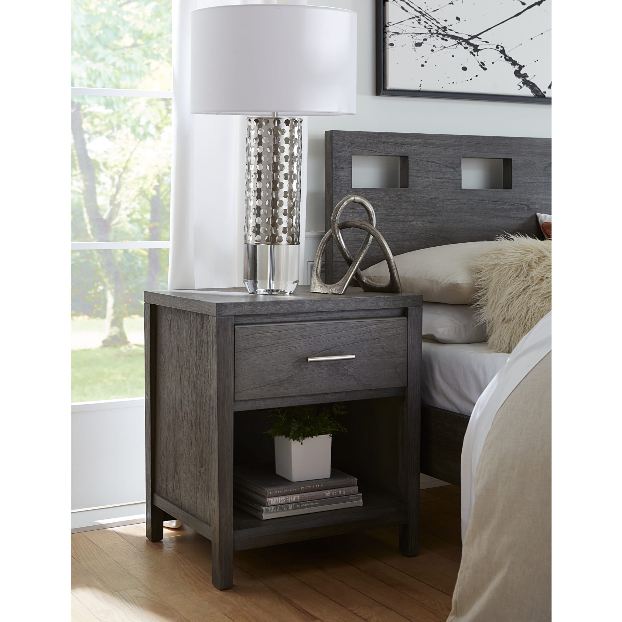 Nevis One Drawer Nightstand in Sharkskin Finish - Modern Bedside Table for Bedroom, Living Room & Guest Room - Compact Storage Solution with Smooth Gliding Drawer