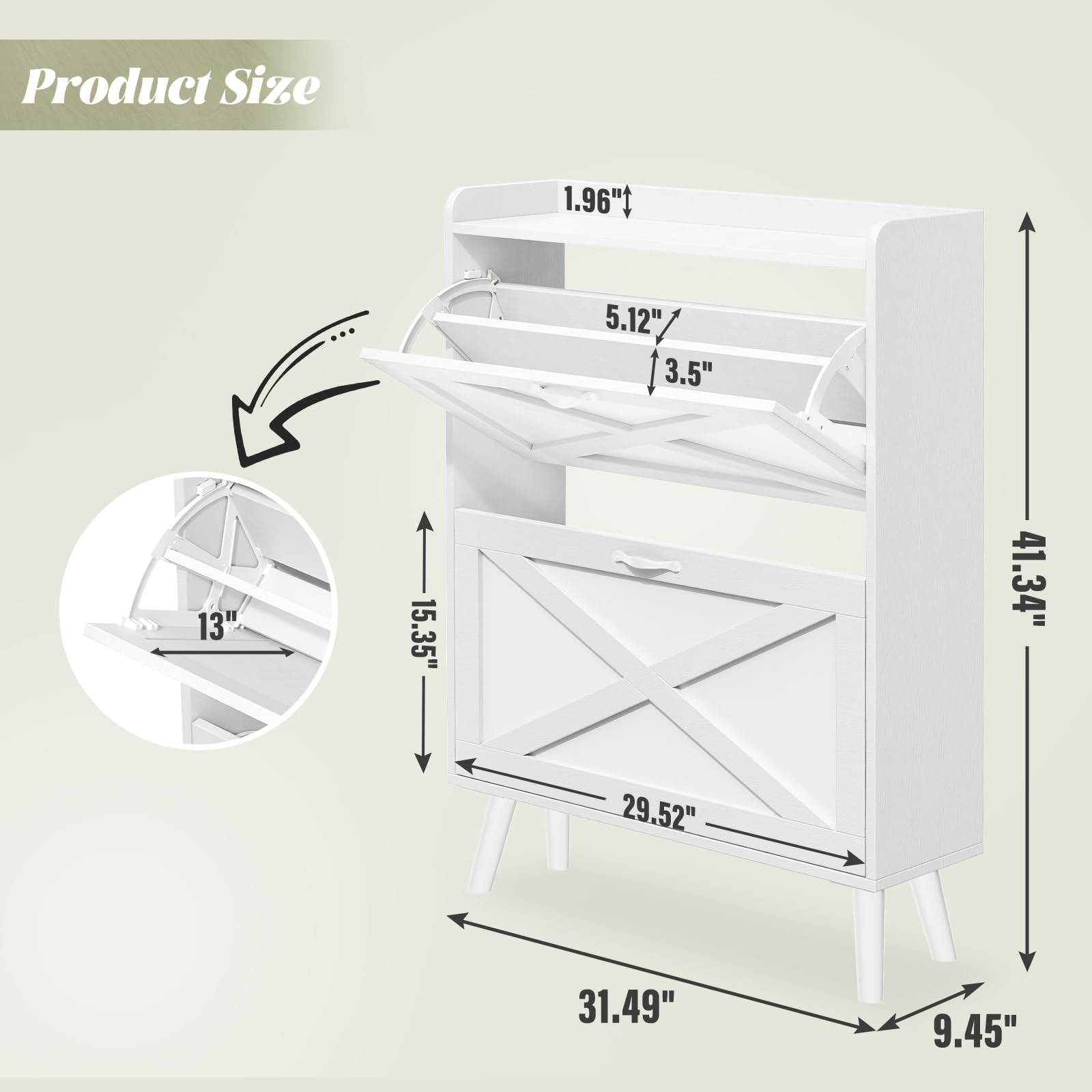 SUNCROWN Freestanding Shoe Storage Cabinet with 2 Flip Drawers - White Narrow Entryway Organizer with Wooden Legs - Perfect for Small Spaces, Closet & Bedroom Organization