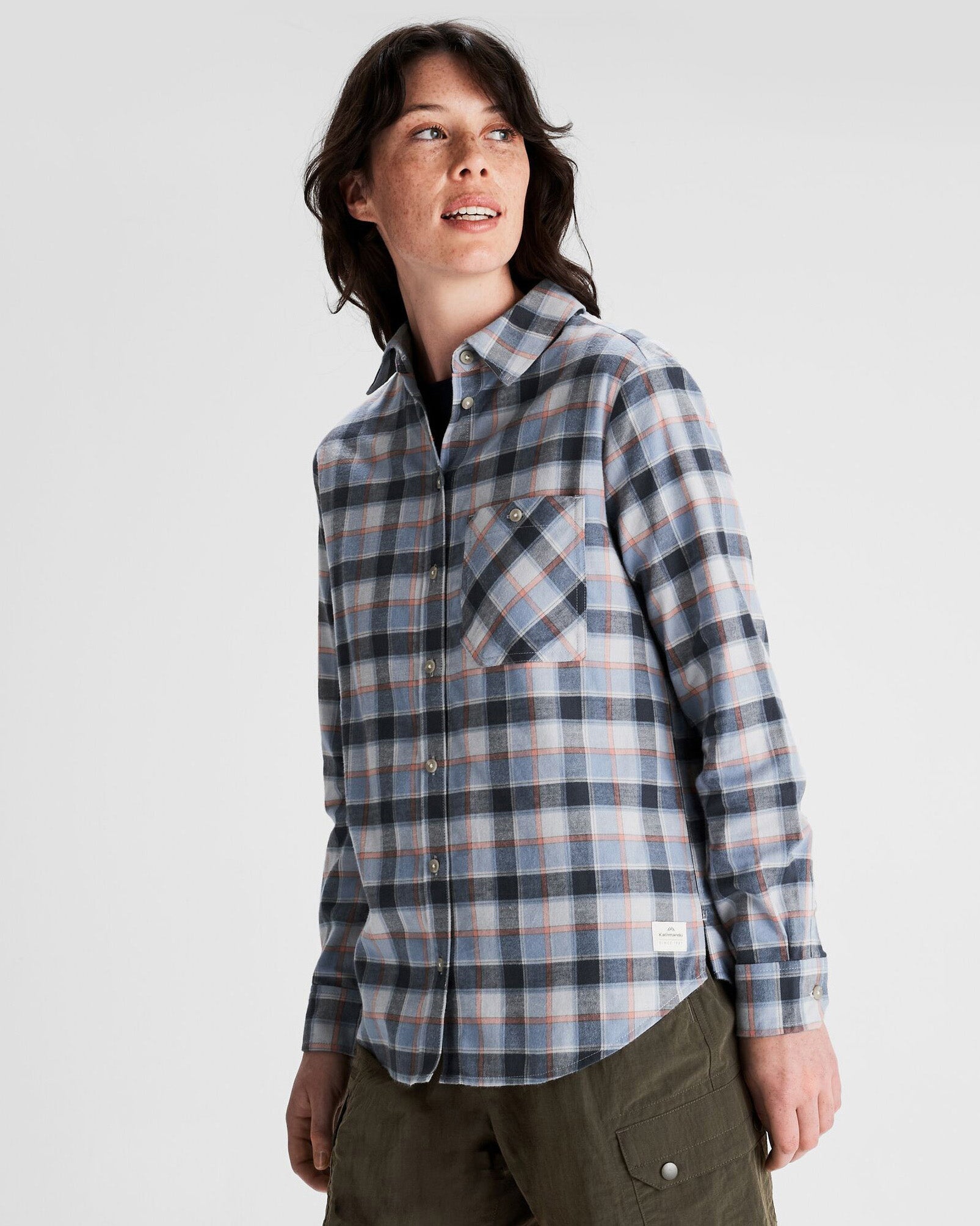 Women's Fyfe Flannel Shirt - Soft Haze Blue Plaid Long Sleeve Button Down Top for Casual Wear & Outdoor Activities