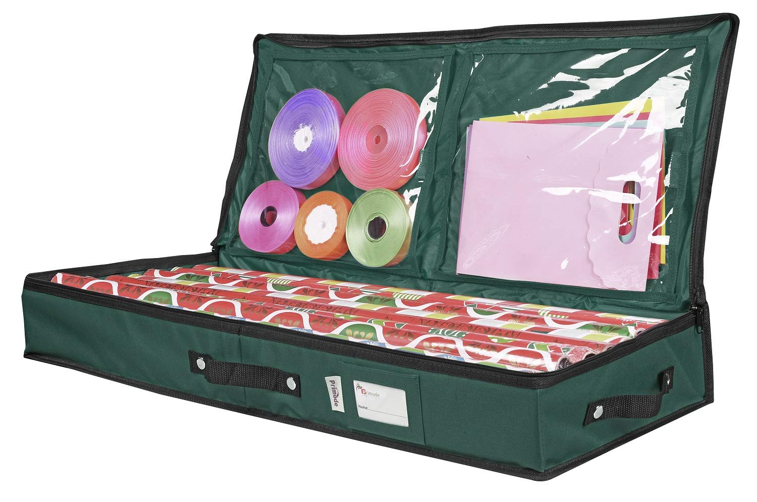 Primode Wrapping Paper Storage Container - Under Bed Gift Wrap Organizer for 30 Inch Rolls | 31”x13.5”x4.5” | 600D Oxford Fabric Box with Pockets for Ribbons, Bows & Accessories (Green) | Perfect for Holiday Gift Wrapping, Birthday Parties & Craft Room Organization