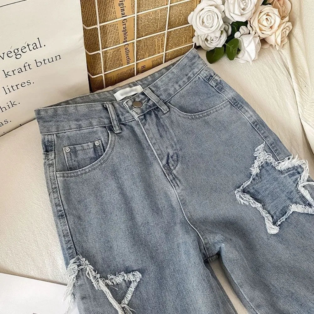 Trendy Korean Denim Jeans for Women - High Waist Straight Leg Loose Fit with Star Design | Spring & Autumn Fashion | Perfect for Casual Wear, Street Style & Daily Outfits