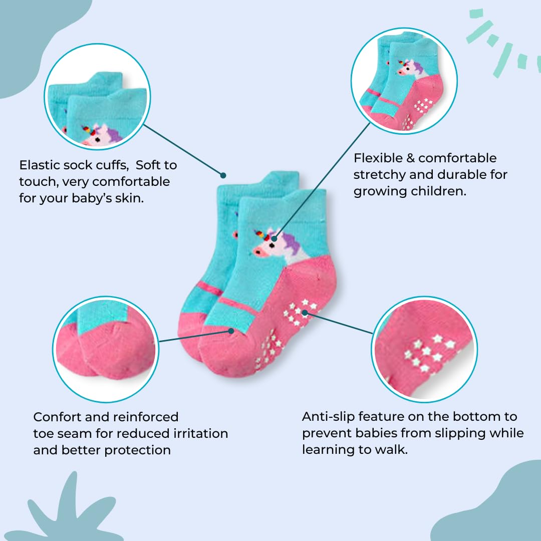 Non-Slip Cotton Kids Ankle Socks with Grips - 12 Pairs Anti-Skid Toddler Socks for Boys & Girls (1-7 Years) - Perfect for Playtime, School & Indoor Activities