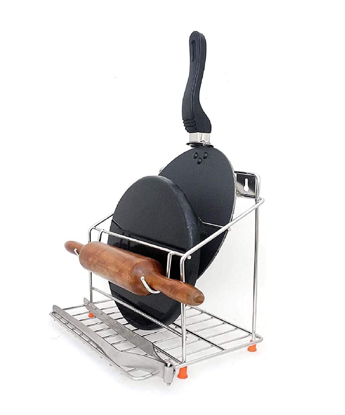 CR18 COLLECTION Stainless Steel Chakla Belan & Tawa Stand - 2-Tier Kitchen Rack Organizer | Rust-Free Steel Kitchen Trolley Basket | Perfect for Indian Cooking & Roti Making