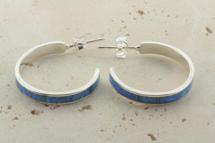 Blue Opal Hoop Stud Earrings for Women - Medium Size, Dainty & Elegant Jewelry for Everyday Wear, Parties & Gifts