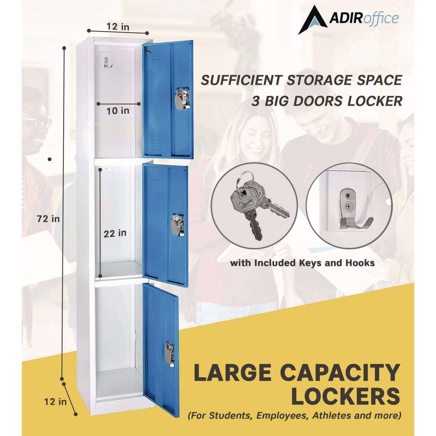 Steel Storage Locker with 3 Compartments - 12 x 12 x 72 Inches, Blue - Heavy-Duty School, Gym & Office Locker for Secure Storage
