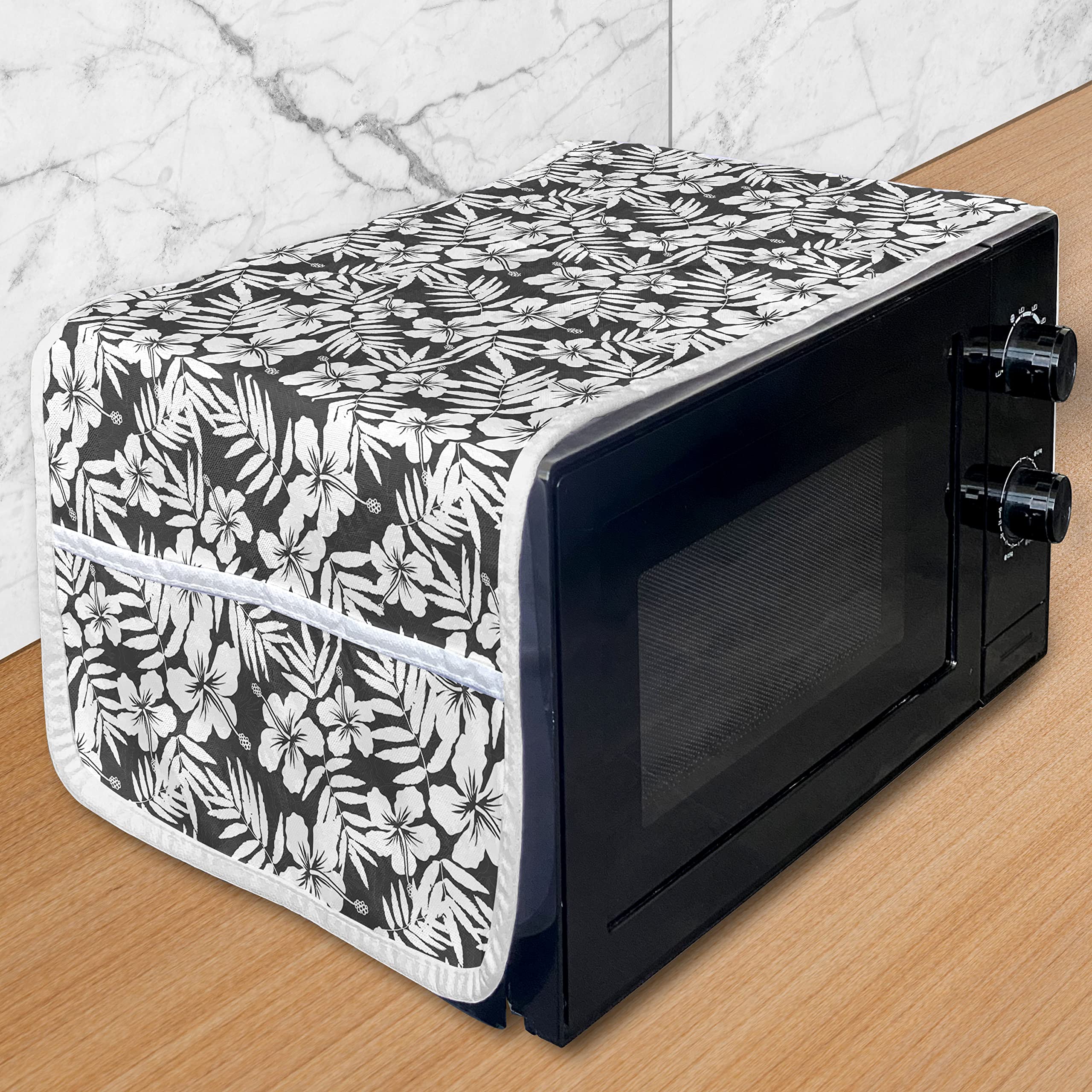Ambesonne Tropical Microwave Cover - Waterproof Hibiscus Flowers & Fern Leaves Design, 36