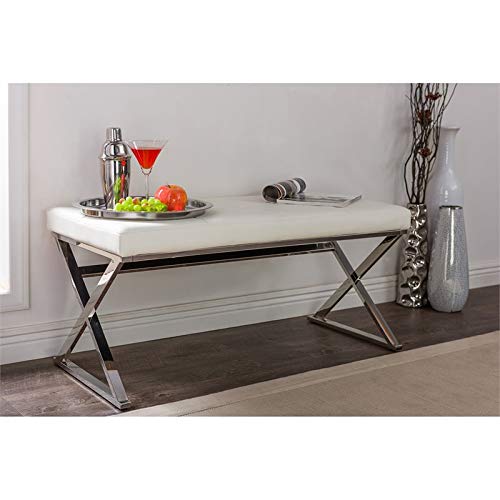 Baxton Studio Modern Faux Leather Upholstered Rectangle Bench with Stainless Steel Legs - Contemporary White Entryway Bench for Living Room, Bedroom or Hallway Decor
