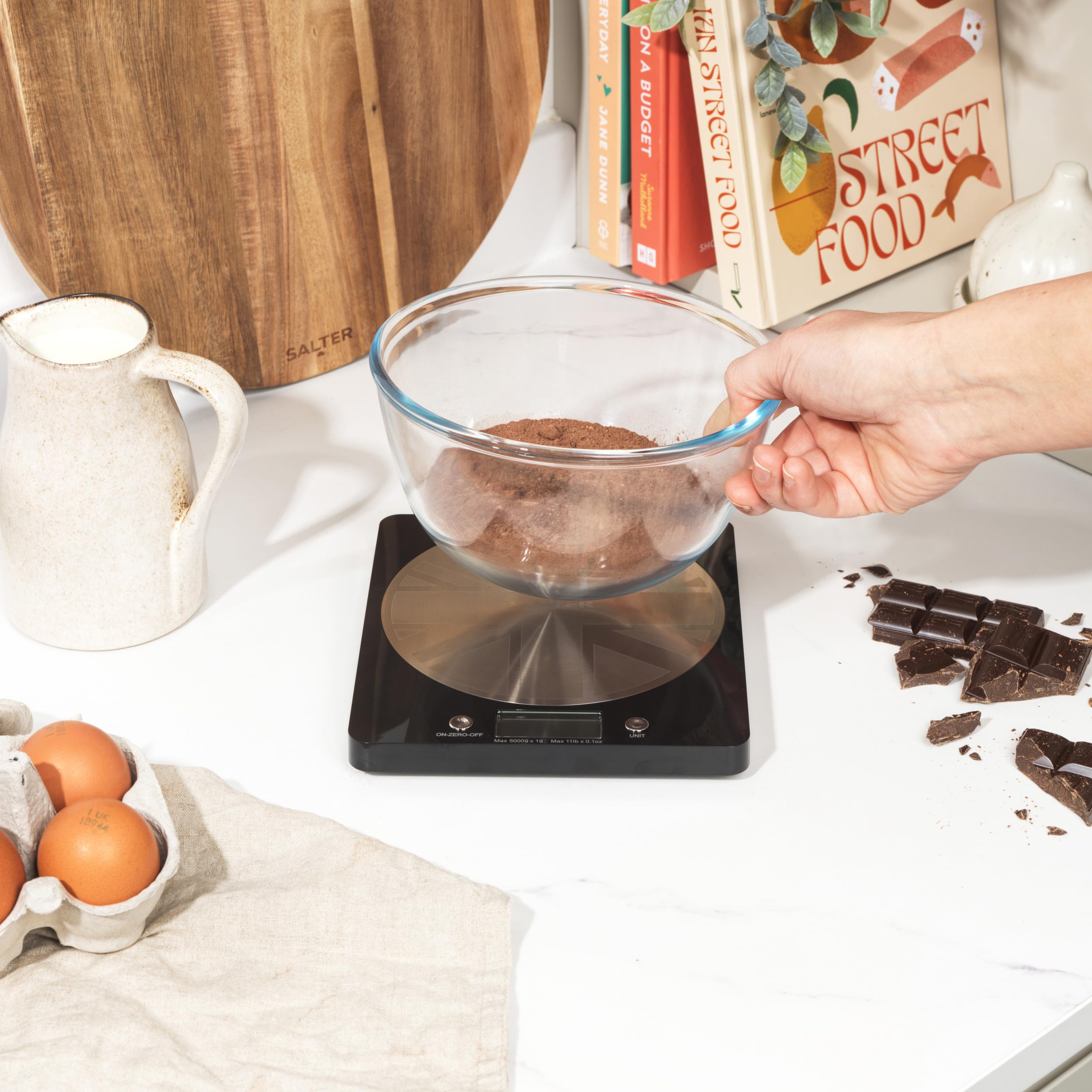 Salter Digital Kitchen Scale – 5kg Capacity, LCD Display, Multi-Function Food Scale for Baking, Cooking & Measuring Liquids | Precise Weighing for Ingredients, Coffee, Flour & More | Includes Battery & Stainless Steel Platform