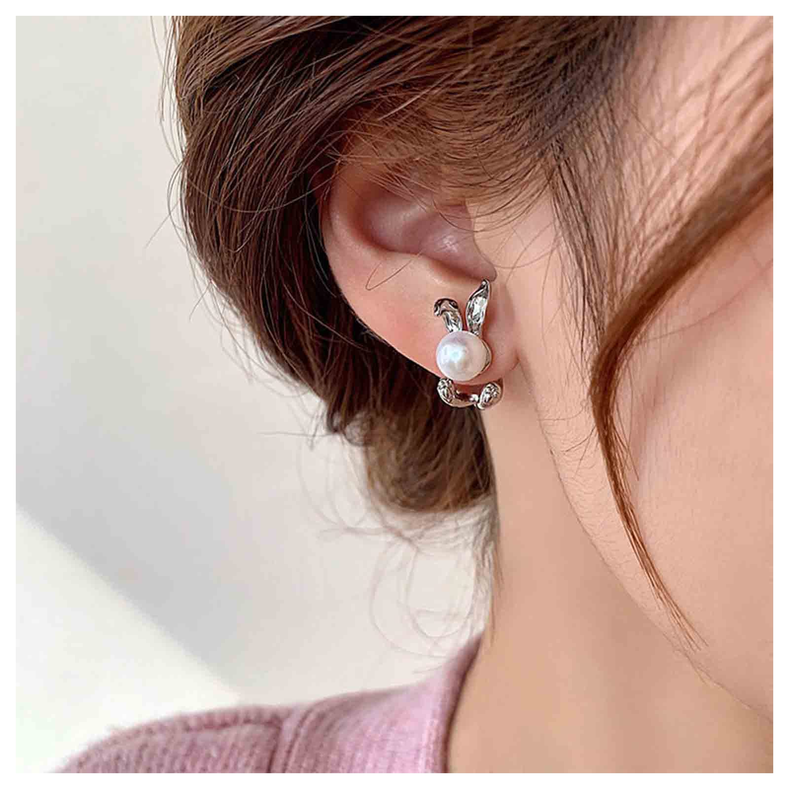 Vintage Pearl Rabbit Earrings - Minimalist Silver Animal Stud Earrings for Women & Girls | Perfect for Casual Wear, Parties & Gifts (Silver)