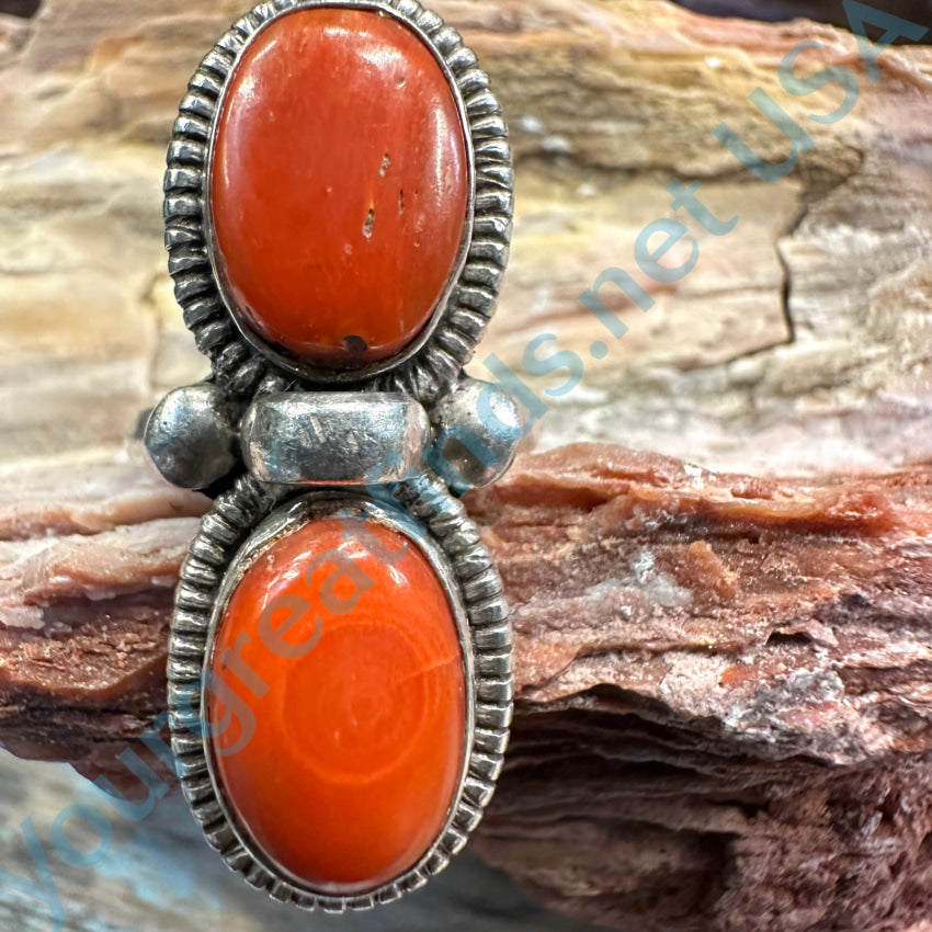 Sterling Silver Double Red Coral Stone Ring for Women - Size 7.5 - Elegant Bohemian Jewelry for Parties, Weddings & Everyday Wear