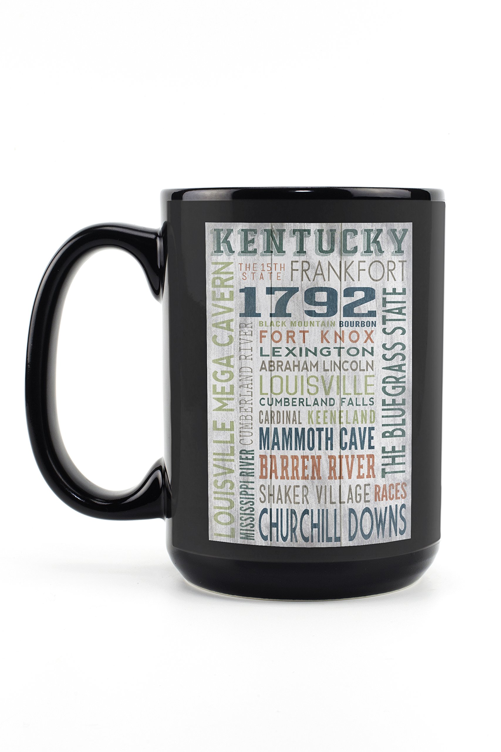 Kentucky Rustic Typography 15oz Black Ceramic Coffee Mug - Microwave & Dishwasher Safe - Perfect for Home, Office & Camping Use