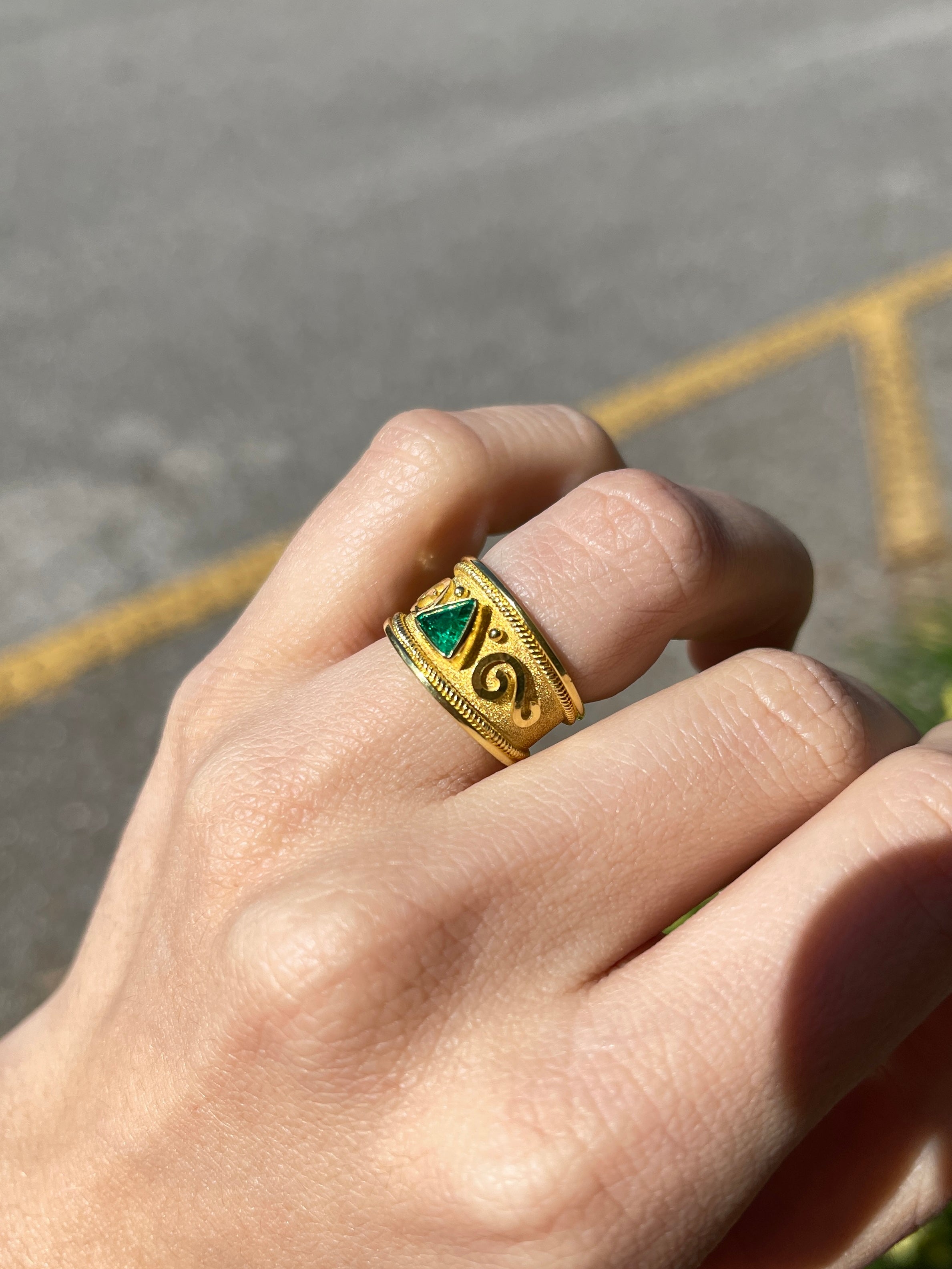 18K Gold Byzantine Trillion Cut Emerald Solitaire Ring - Size 6 - Elegant Wedding, Engagement & Anniversary Jewelry Gift for Women