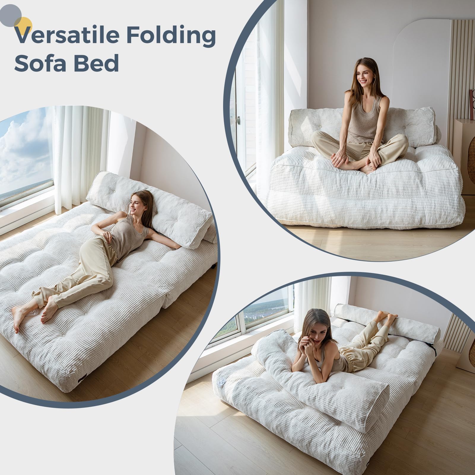 MAXYOYO Corduroy Folding Sofa Bed - Convertible Sleeper Chair with Pillow & Foldable Mattress, Double Size with Back Support in Beige | Perfect for Small Spaces, Guest Rooms & Apartments
