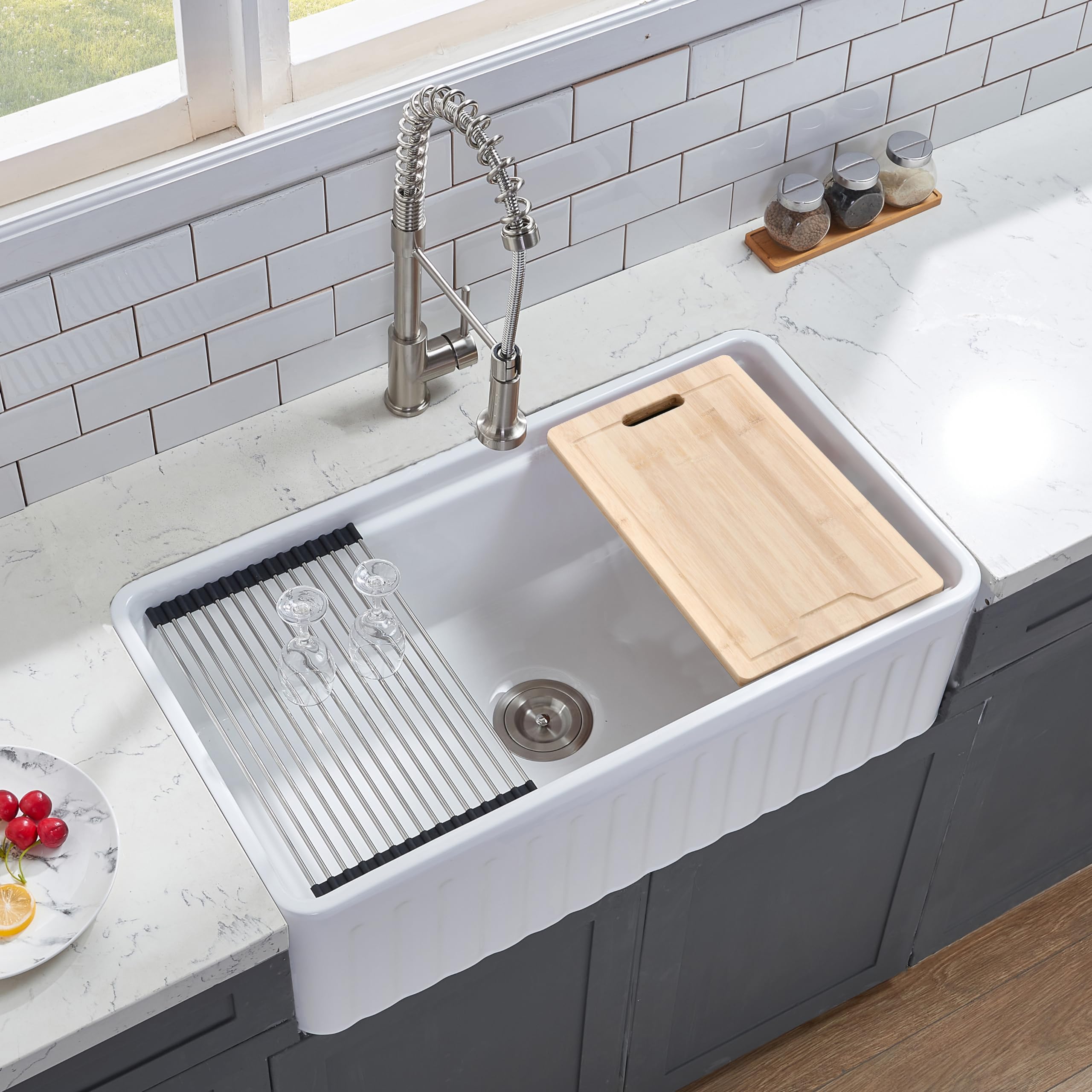 Friho 33x18 Inch Modern Single Bowl Drop-In Farmhouse Kitchen Sink - White Apron Front Undermount Fireclay Ceramic Porcelain Sink with Cutting Board | Perfect for Rustic Kitchens, Remodeling & Country Style Homes