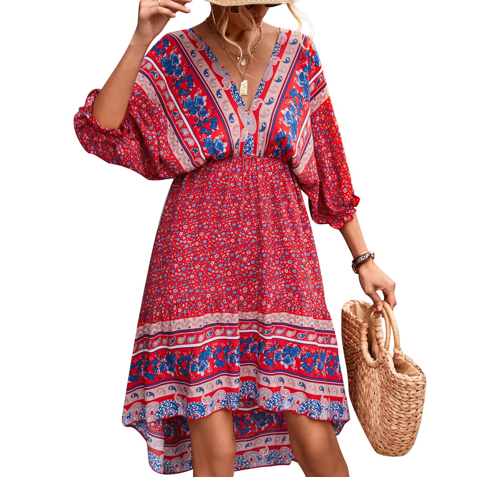 EBTOOLS Floral Print Bohemian Dress for Women - Puff Sleeve V-Neck High-Low Hem Summer Dress (Medium, Red) | Perfect for Beach Vacations, Date Nights & Boho Chic Outfits