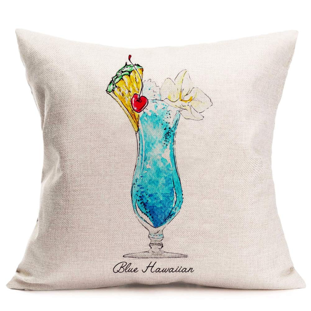 Fukeen Summer Throw Pillow Cases Set of 4 - 18x18 Inch Tiki Bar & Cocktail Themed Decorative Cushion Covers (Blue Hawaiian, Kiwi Mojito) - Cotton Linen Square Pillowcases for Couch, Sofa & Home Decor - Perfect for Beach House, Tropical Party & Vacation Vibes