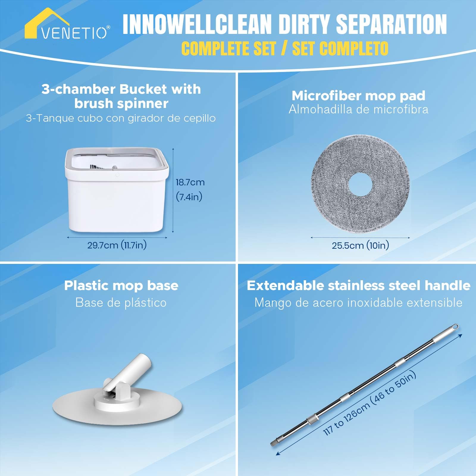 VENETIO 3-Tank Spin Mop & Bucket Set with Separated Dirty Water System | Deep Cleaning for Hardwood, Laminate & Tile Floors | Hands-Free Wringing | Includes 3 Washable Microfiber Pads | Perfect for Home, Kitchen & Bathroom Cleaning