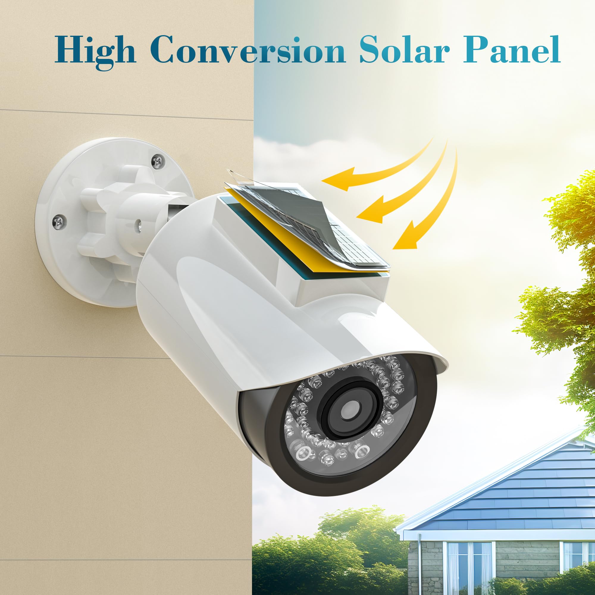 BNT Solar Powered Fake Security Camera - Bullet Style Dummy Surveillance Camera with Red LED Light for Night, Includes Warning Stickers - Outdoor Home Security Deterrent (4-Pack, White, Battery Not Included) - Perfect for Garage, Yard & Apartment Safety