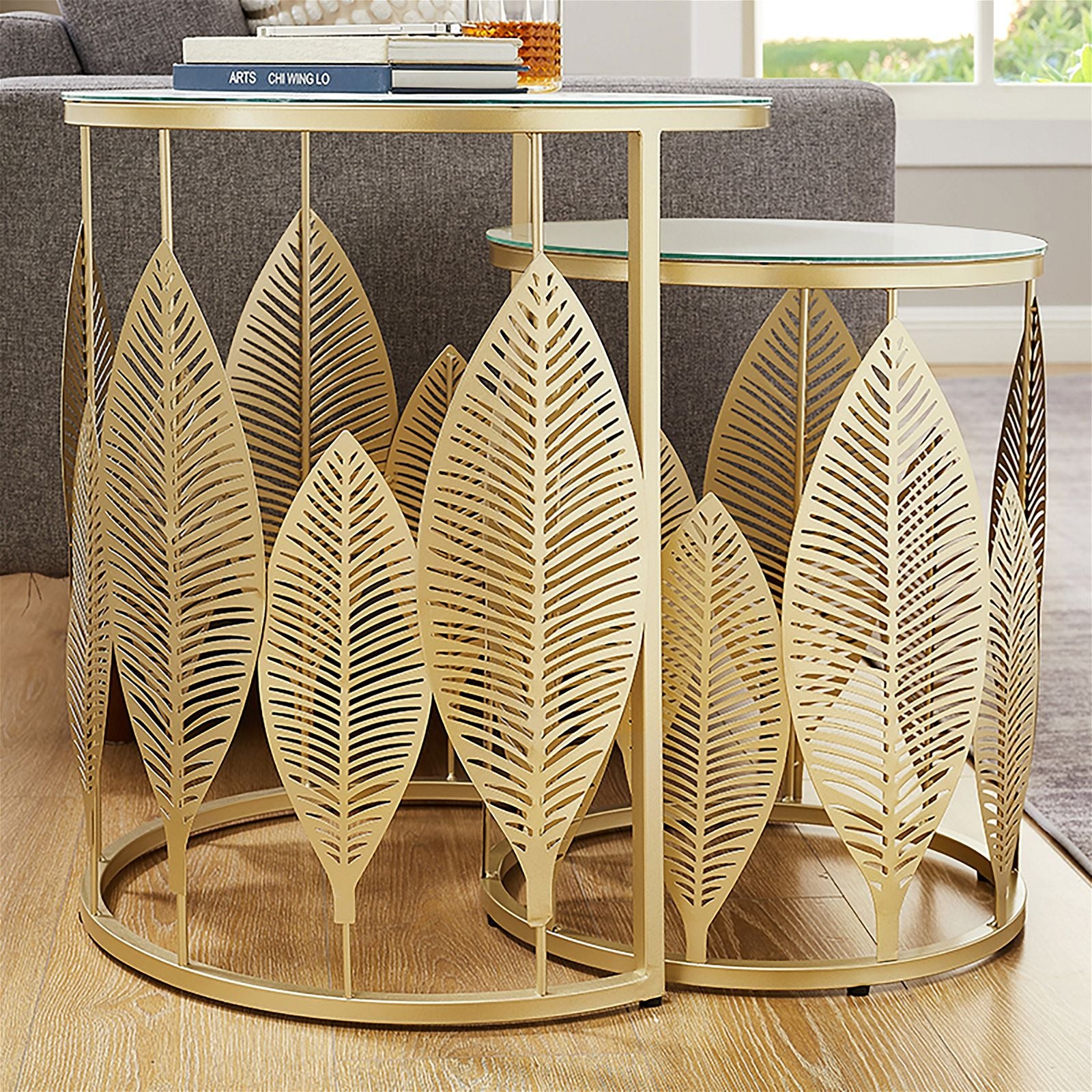 Modern White Glass Top Leaf Nested Coffee Tables Set - 520mm Gold Metal Frame by Criterion - Perfect for Living Room, Lounge & Office Decor