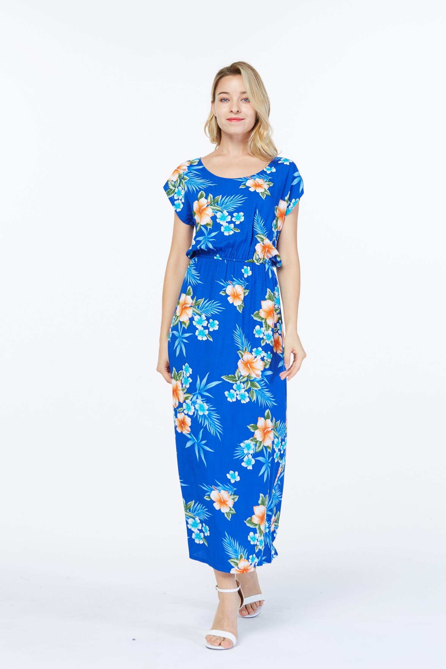 Women's Hawaiian Luau Cap Sleeve Maxi Dress - Floral Hibiscus Print Summer Beach Dress for Vacation, Party & Tropical Getaway