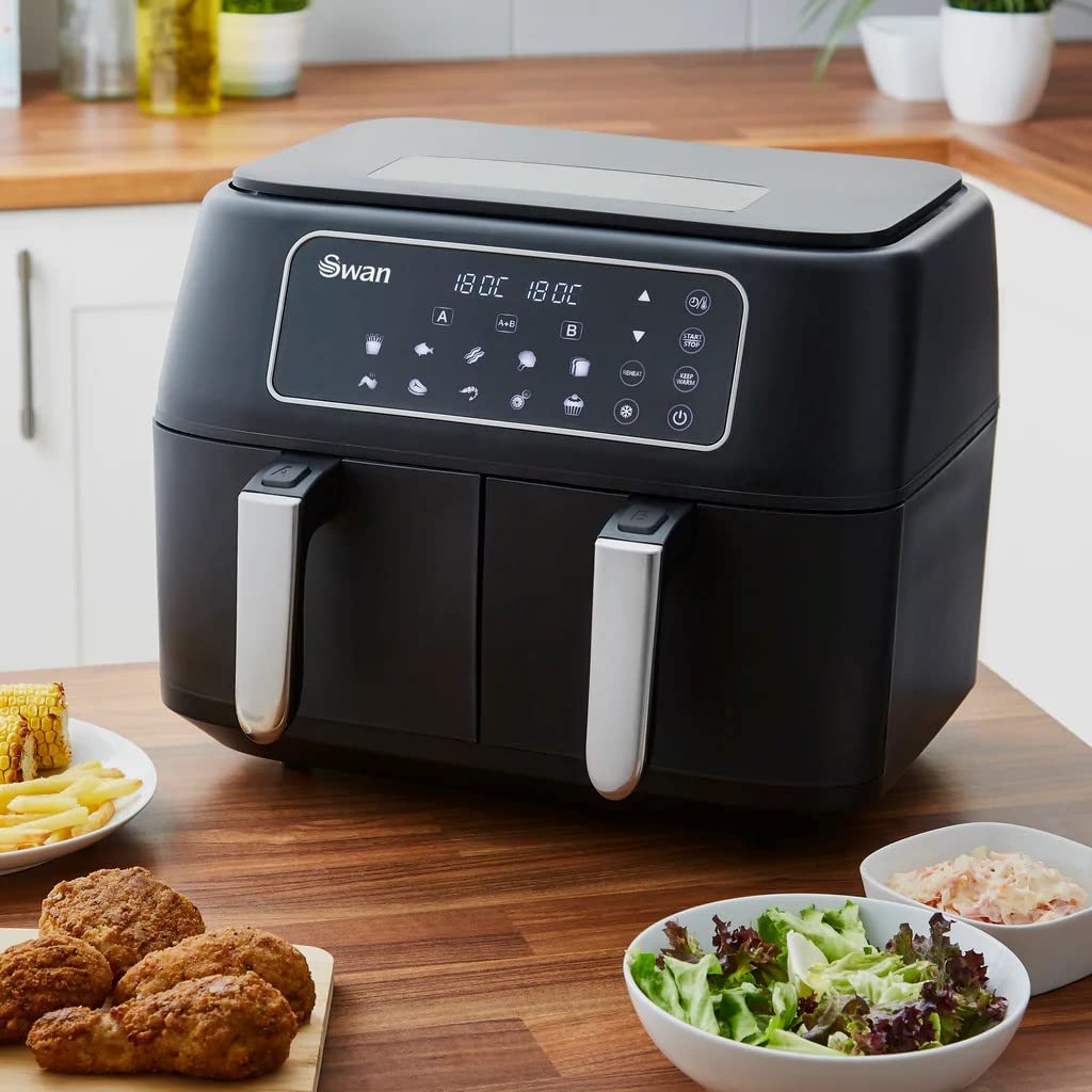 Swan SD10410N 8L Digital Dual Basket Air Fryer with Keep Warm Function - 10 One-Touch Presets, Rapid Air Circulation Technology, 1600W Power, Black - Perfect for Family Cooking, Healthy Meals, and Quick Snacks