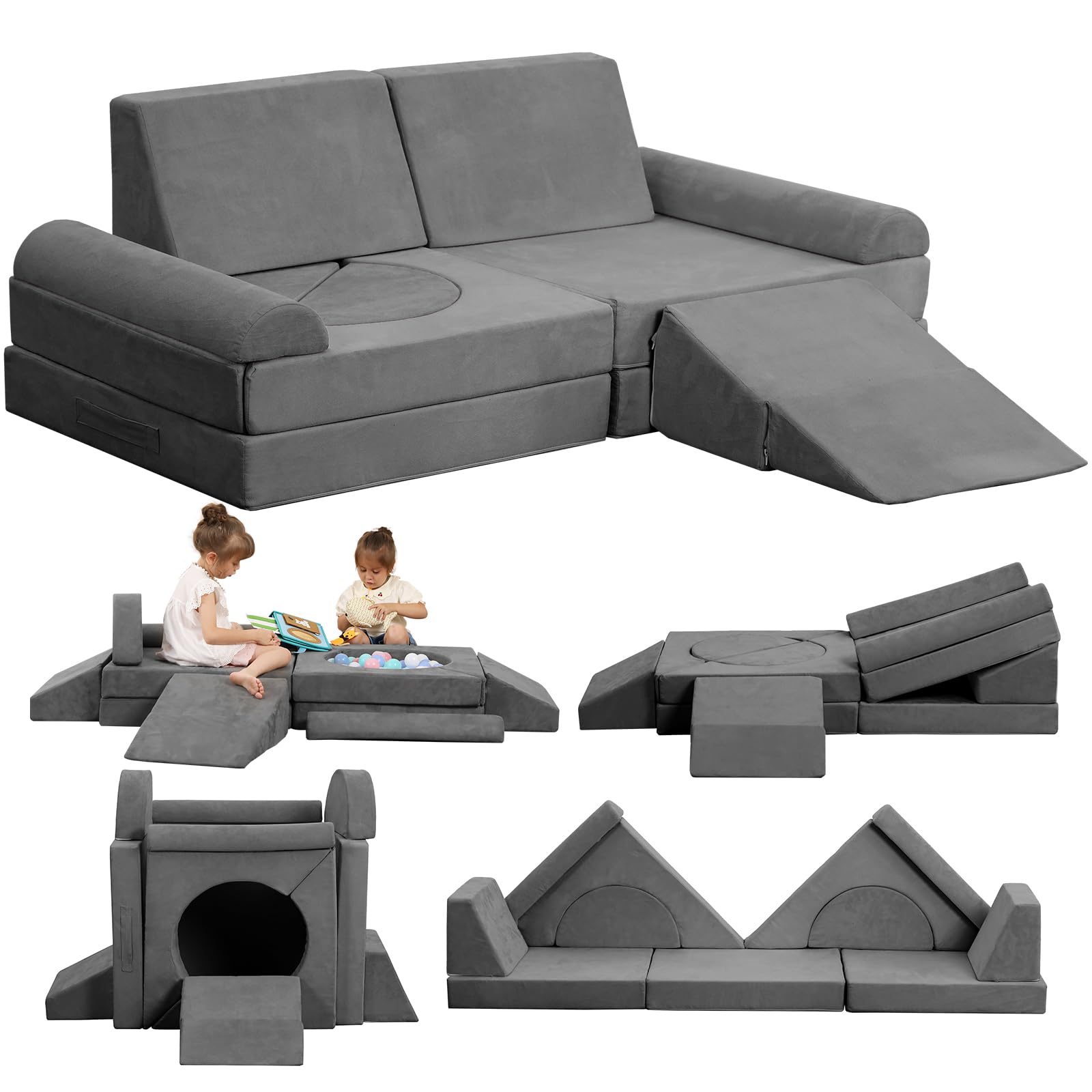 12PCS Modular Kids Play Couch - Convertible Foam Climbing Set for Toddlers | Creative Play Sofa for Boys & Girls | Grey | Perfect for Playrooms, Indoor Playtime & Imaginative Activities