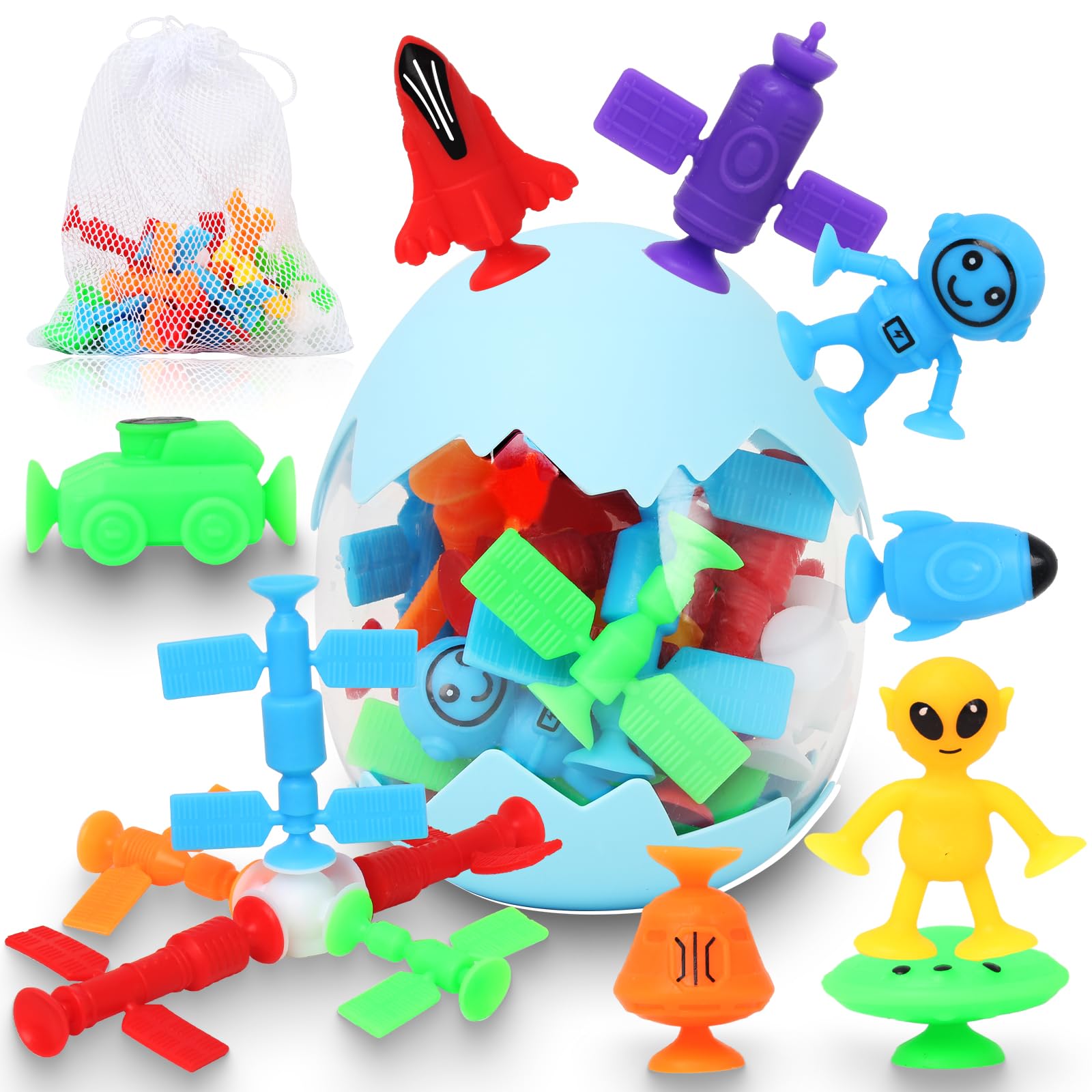 20-Piece Outer Space Bath Toys for Kids - No Hole Sensory Suction Cup Toys with Eggshell & Storage Bag, Fun Building Window Play for Toddlers Boys & Girls Ages 3-6 - Perfect for Bathtime Fun & Early Learning Development