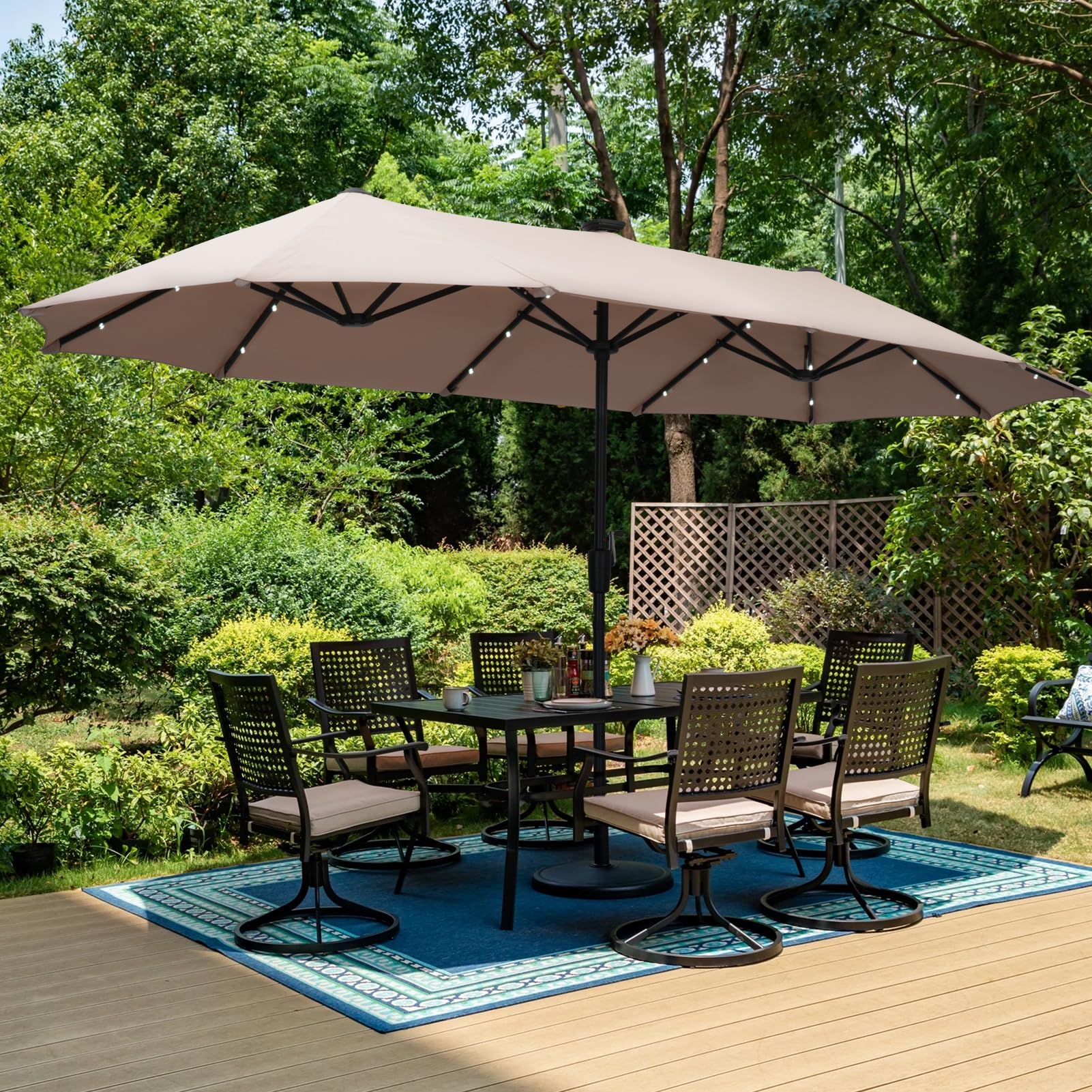 13 Ft/15 Ft Large Solar LED Patio Umbrella with 36/48 Lights - Double-Sided Extra Wide Outdoor Market Umbrella with Crank Handle for Garden, Poolside, and Restaurant Dining Areas