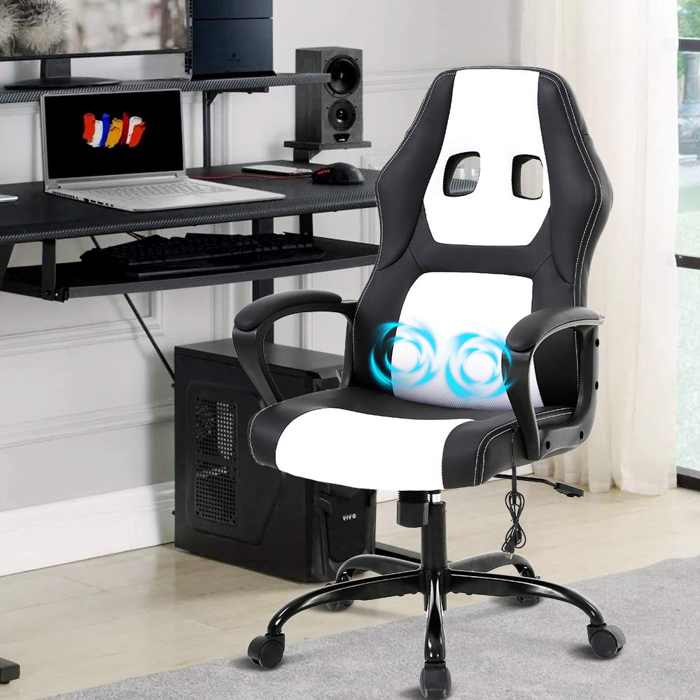 Ergonomic High Back Office Gaming Chair with Lumbar Support & Massage - PU Leather Executive Desk Chair with Adjustable Armrests & Swivel Base for Home Office, Computer Work & Gaming - White