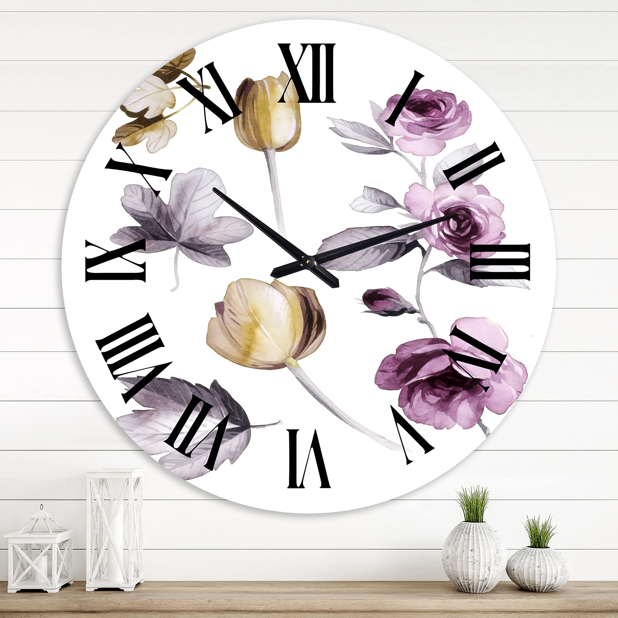 DesignQ Traditional Wall Clock - Pink & Orange Wildflowers Floral Botanical Large Wall Clock for Home, Office, Living Room Decor | Perfect for Farmhouse, Vintage, Boho Style Interiors
