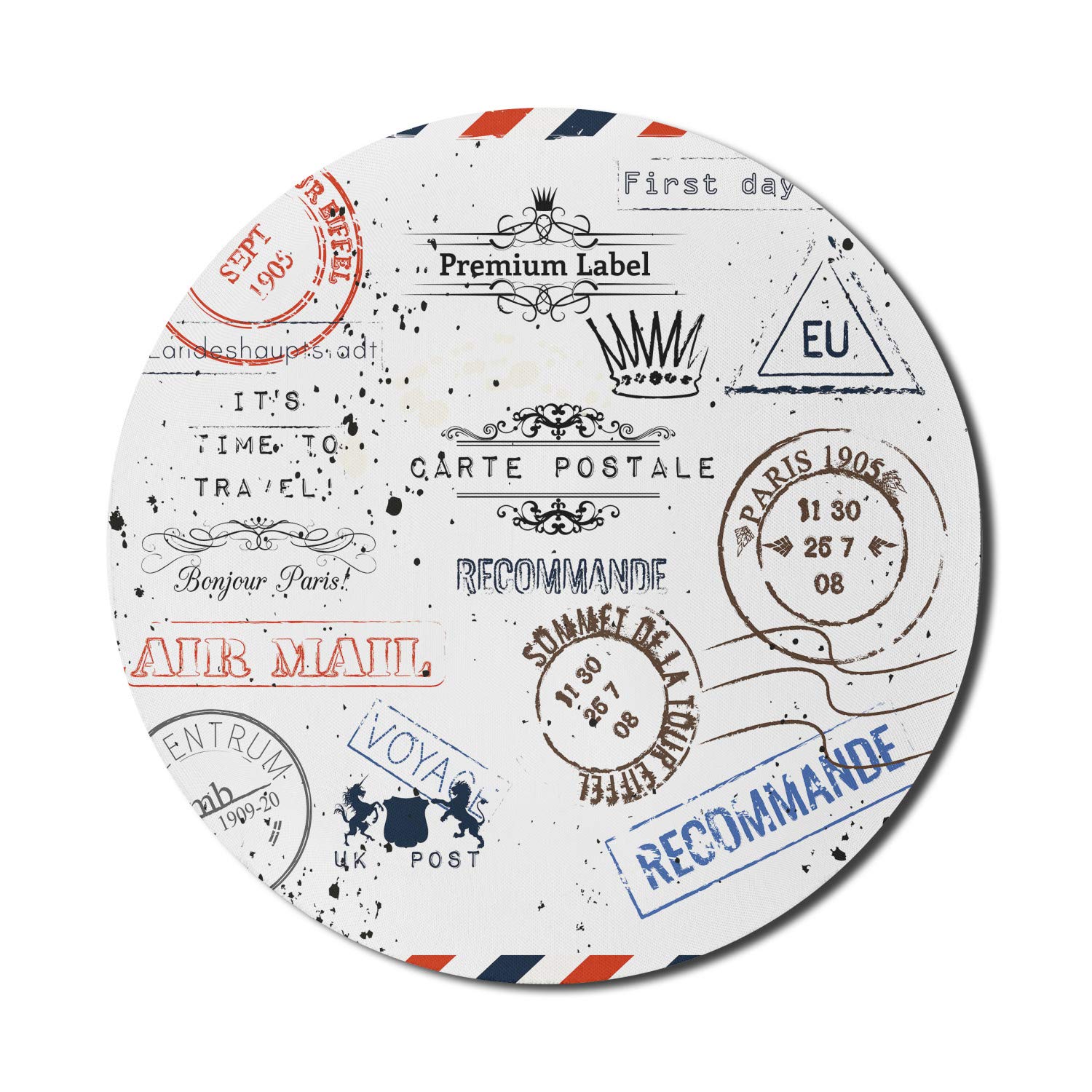 Ambesonne Vintage Mouse Pad - Retro Post Stamps Design, Non-Slip Rubber Base, 8 Inch Round Computer Mousepad for Gaming & Office Use - Perfect for Paris Lovers & Travel Enthusiasts