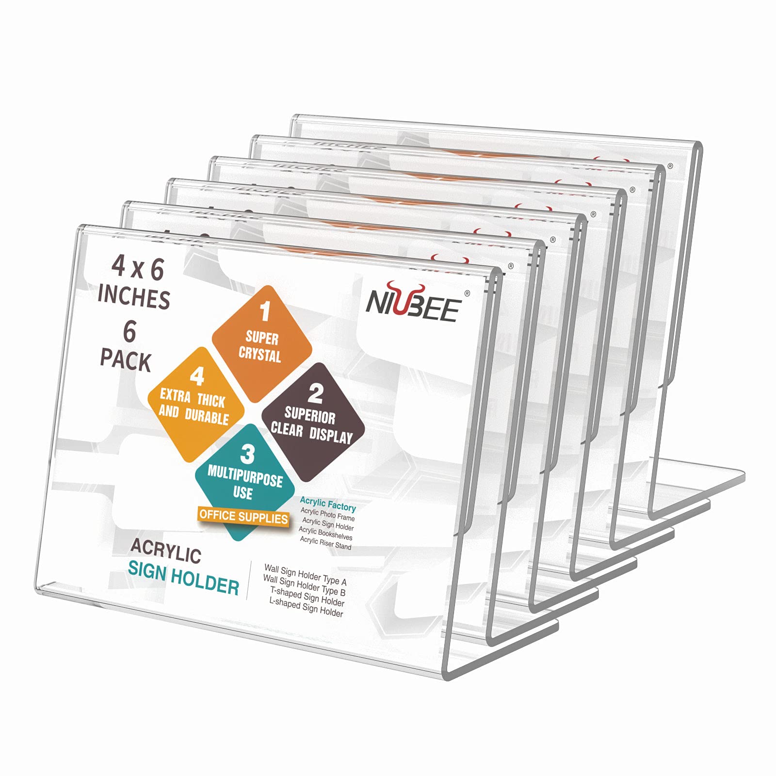 NIUBEE 6x4 Inch Clear Acrylic Sign Holder - Slanted Back Tabletop Display Stand for Menus, Prices & Promotions (6 Pack) - Perfect for Restaurants, Retail Stores & Office Reception Areas