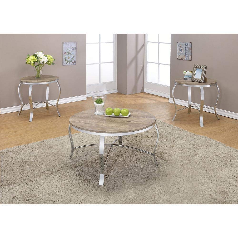 Mid Century Retro Round Nesting Coffee Table Set - 3-Piece Weathered Light Oak & Chrome Accent Tables for Living Room | Includes 1 Coffee Table + 2 End Tables | Perfect for Small Spaces, Modern Home Decor & Lounge Areas