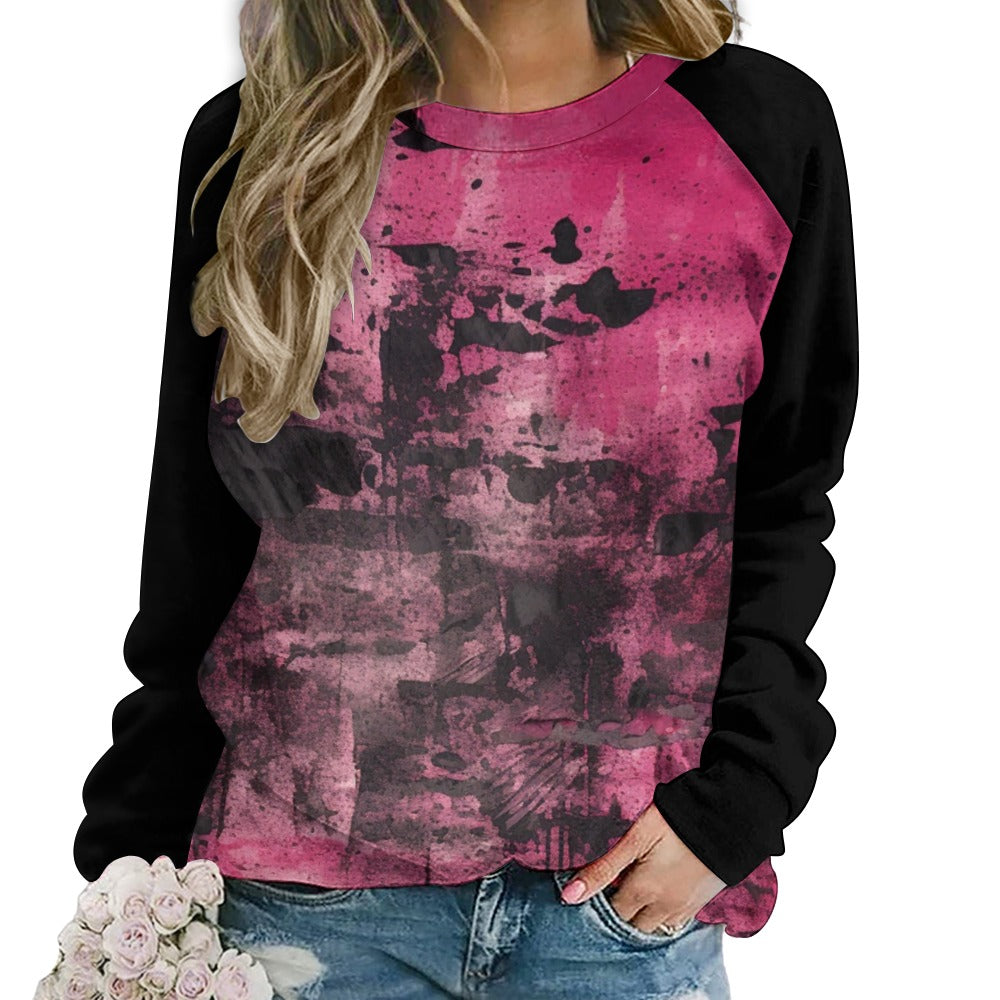 Gothic Pink and Black Raglan Round Neck Sweater for Women - Stylish Long Sleeve Pullover for Casual Wear, Gothic Fashion, and Fall Outfits