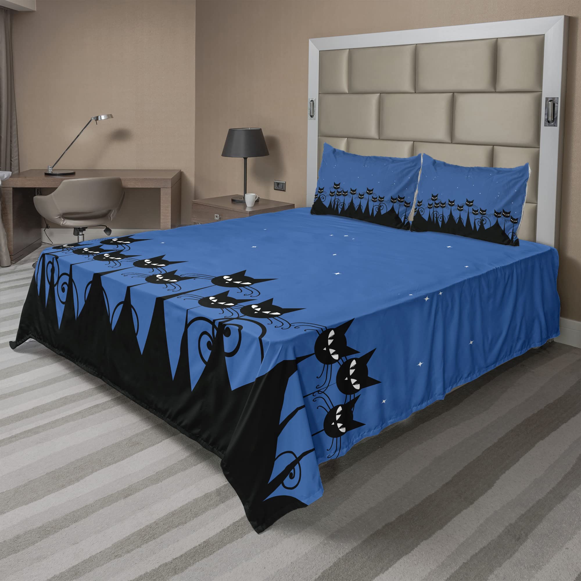 Ambesonne 4-Piece King Size Night Sheet Set - Black Cats & Starry Sky Design, Blue Black White Bedding with Fitted Sheet, Flat Sheet & Pillowcases | Perfect for Halloween Decor, Cat Lovers & Themed Bedrooms