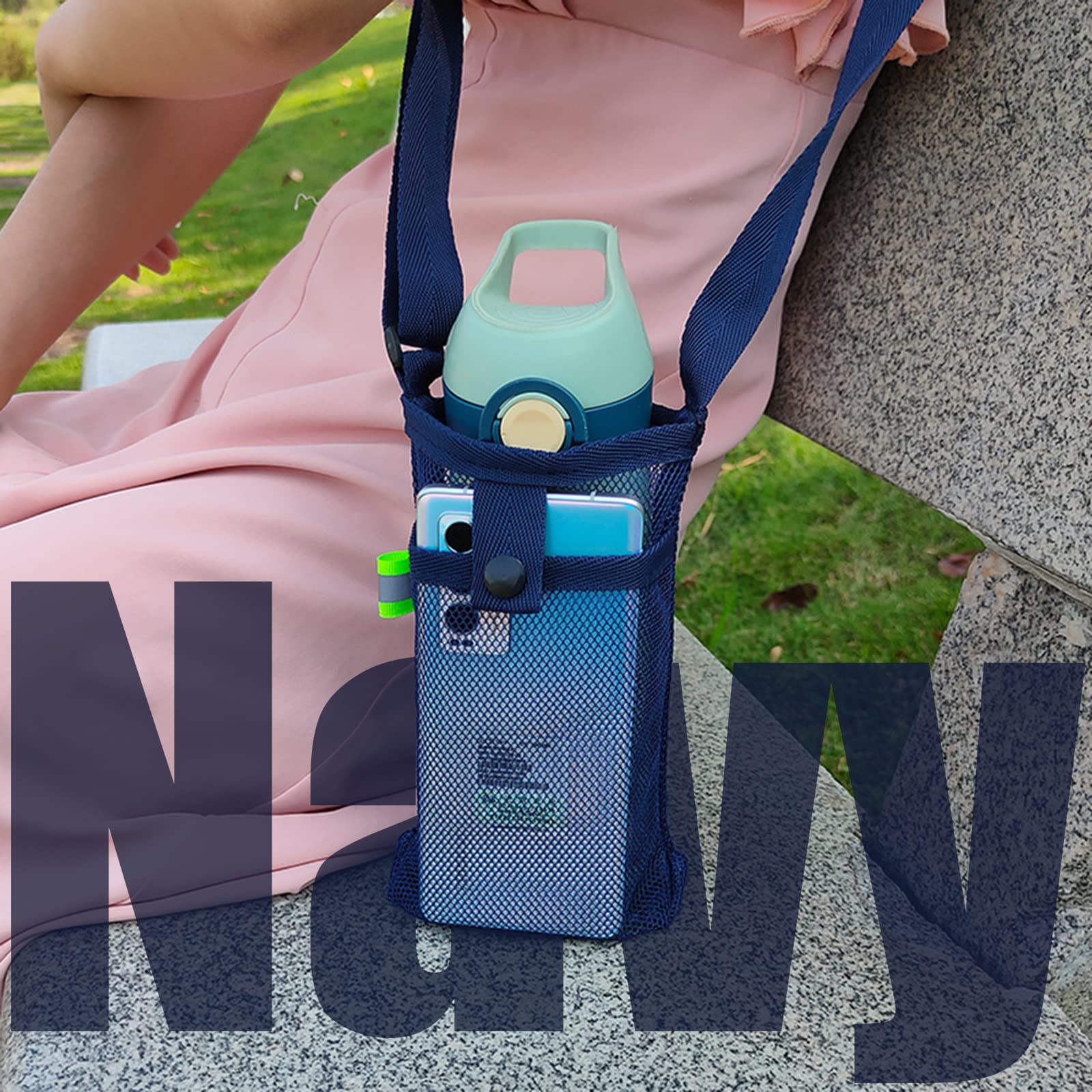 3Pcs Adjustable Shoulder Strap Water Bottle Holder - Lightweight Mesh Carrier Bag for Hiking, Gym & Dog Walking (Black/Navy/Grey) - Perfect for Outdoor Activities, Sports & Pet Adventures