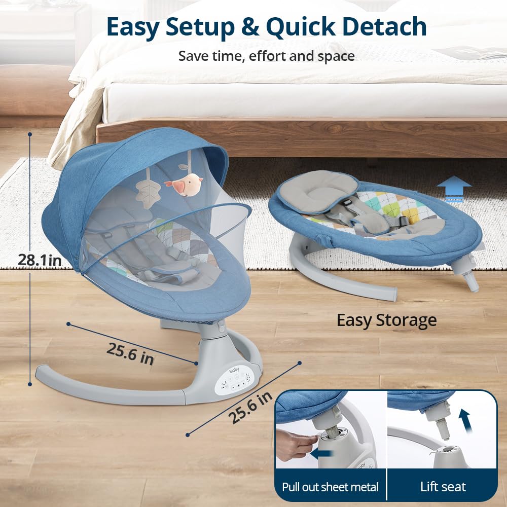 Bioby Baby Swing for Infants 0-12 Months - Portable Infant Rocker with 5 Speed Settings, Bluetooth Music, Remote Control & 5-Point Safety Harness - Lightweight Baby Bouncer for Newborns 5-20 lbs (Blue) - Perfect for Nursery, Living Room & Travel