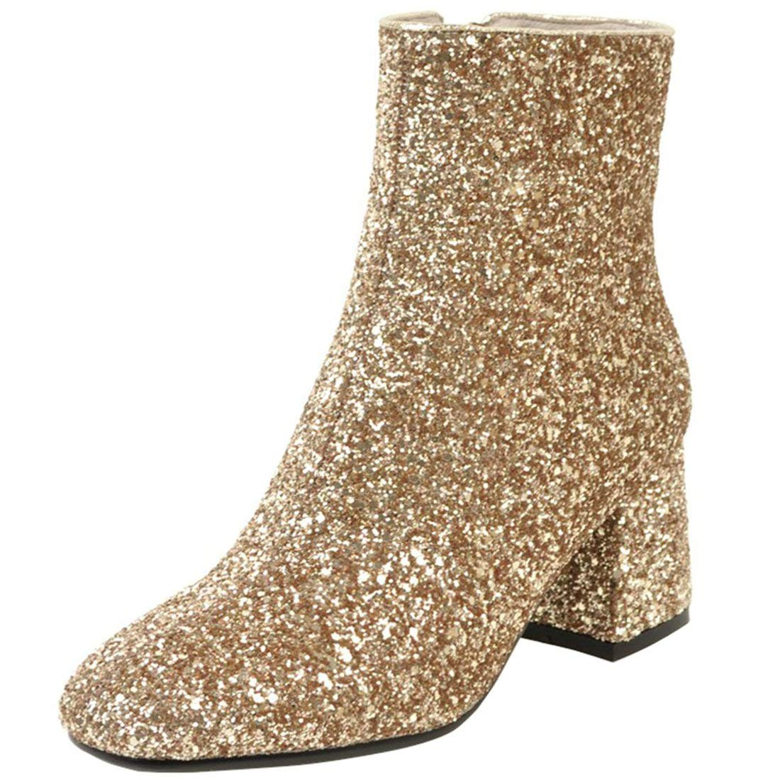 MAVMAX Women's Sequin Glitter Ankle Boots - Chunky Heel Sparkly Booties for Party, Night Out & Holiday Events | Comfortable & Stylish Dress Shoes for Women