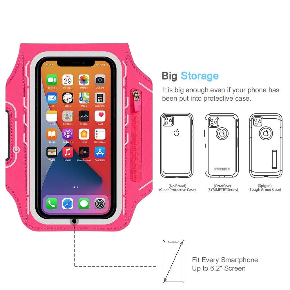 JEMACHE Running Armband for iPhone 16 15 14 13 12 Pro & Samsung Galaxy S25 S24 S23 S22 S21 - Adjustable Workout Armband with Earphone Holder & Sweatproof Design (Rosy Pink) - Perfect for Jogging, Gym Workouts & Outdoor Activities